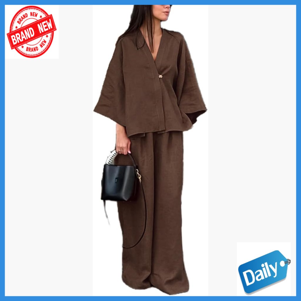 Large Cotton 2-Piece Outfit Batwing Sleeve Top Wide Leg Pants Tracksuit